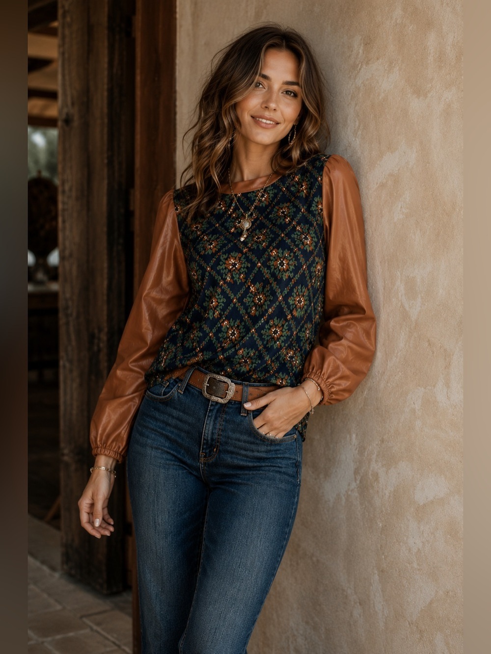 VOY Floral Faux Leather Sleeve Top Western Boho Boutique Blouse Medium - Picture 2 of 5